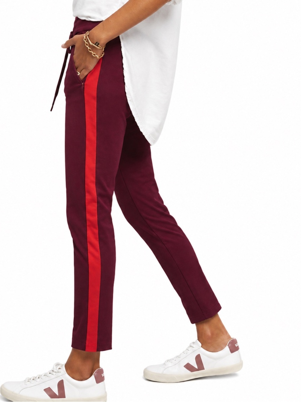 Anthropologie The Essential Slim Track Pants Burgundy Red Stripe 8